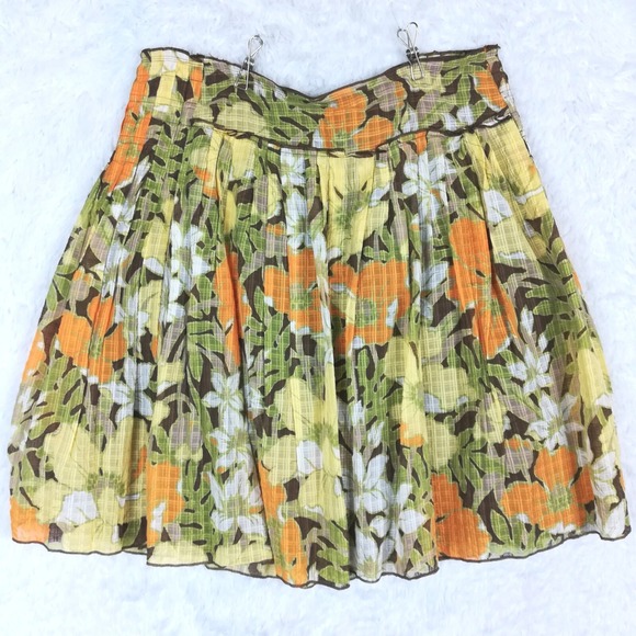 Tommy Bahama Womens Silk Blend Skirt Pleated Floral Print Yellow Boho Knee 12‎ - Picture 1 of 7